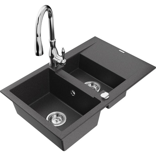 Granitsænke 1,5-kammers Mexen Gaspar med afløbsrende og Savita køkkenarmatur i sort med prikker, 1 sæt