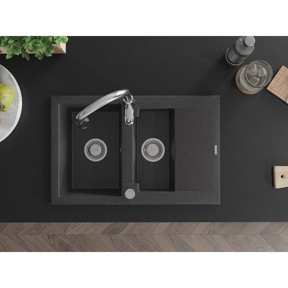 Granitsænke 1,5-kammers Mexen Gaspar med afløbsrende og Savita køkkenarmatur i sort med prikker, 1 sæt