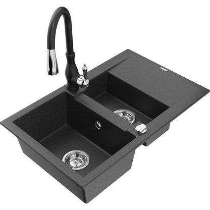Granitsænke 1,5-kammer Mexen Gaspar med afløbsplade og Savita køkkenarmatur i sort med prikker, 1 sæt