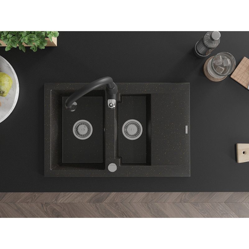 Granitsænke 1,5-kammer Mexen Gaspar med afløbsplade og Savita køkkenarmatur sort/guld 1 sæt