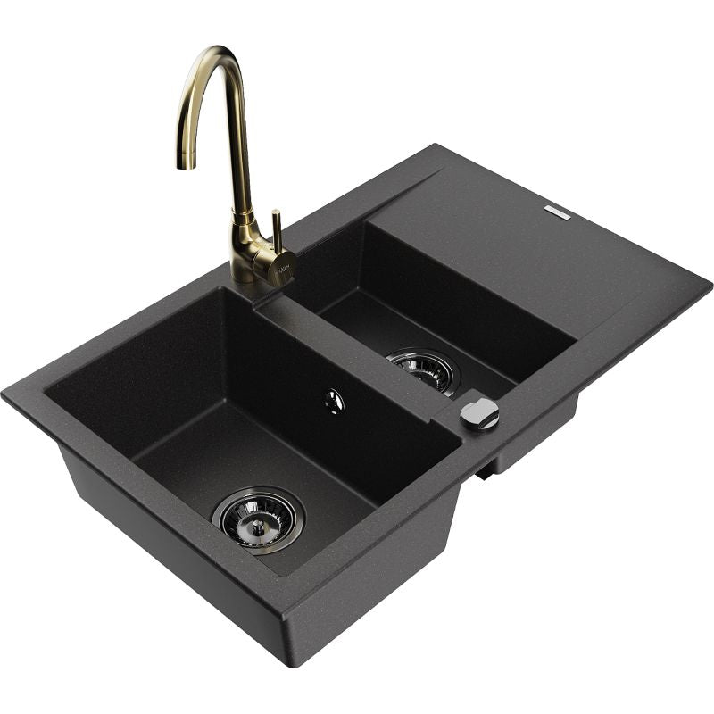 Granitsænke 1,5-kammer Mexen Gaspar med afløbsplade og Telma køkkenarmatur i sort, 1 sæt