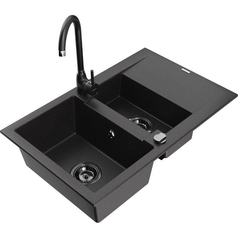 Granitsænke 1,5-kammer Mexen Gaspar med afløbsplade og Telma køkkenarmatur i sort, 1 sæt