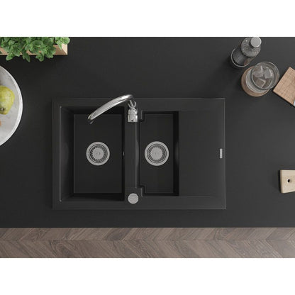 Granitsænke 1,5-kammer Mexen Gaspar med afløbsplade og Telma køkkenarmatur i sort, 1 sæt