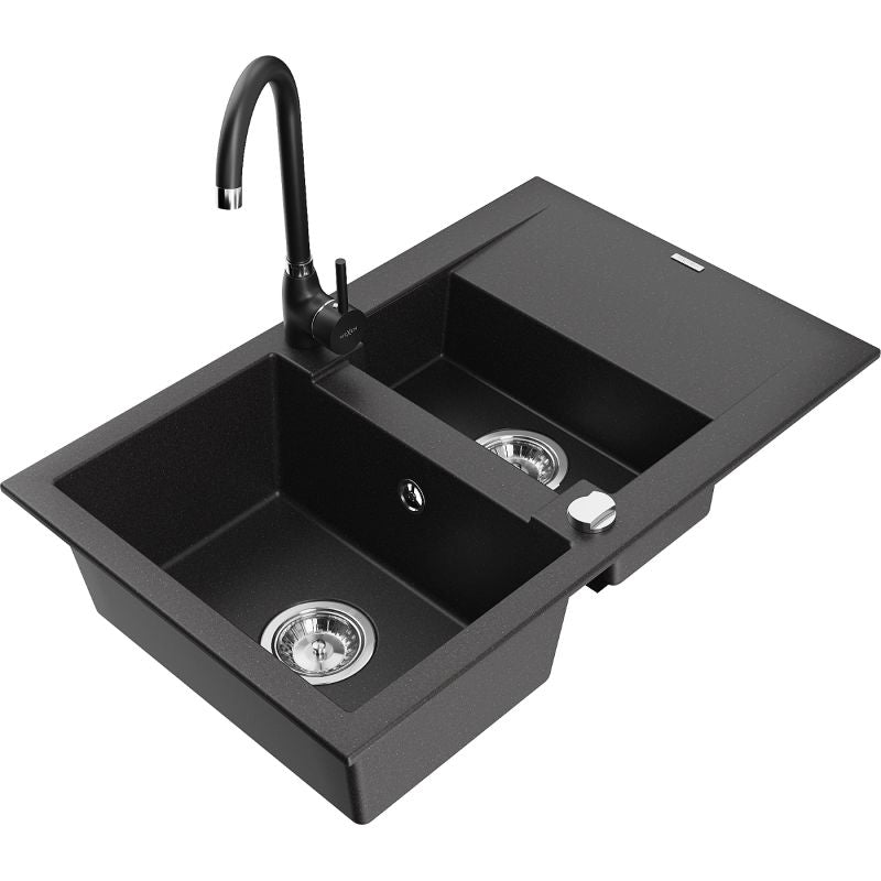 Granitsænke 1,5-kammer Mexen Gaspar med afløbsplade og Telma køkkenarmatur i sort, 1 sæt