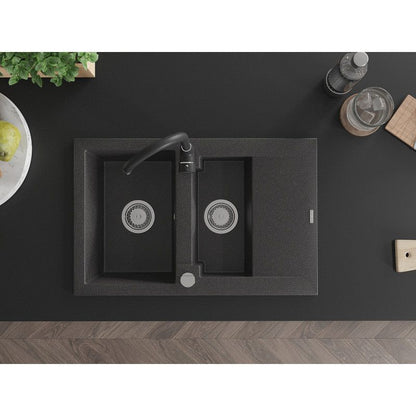 Granitsænke 1,5-kammer Mexen Gaspar med afløbsbakke og Telma køkkenarmatur i sort spraglet finish, 1 sæt