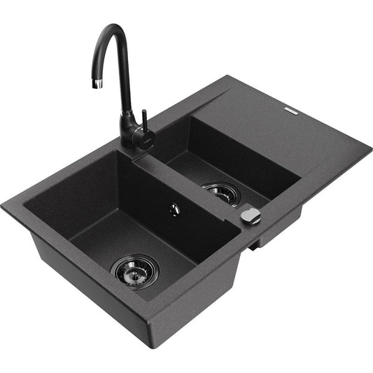 Mexen Gaspar granitvask 1,5-kammer med afløbsplade og Telma køkkenarmatur i sort spraglet finish, 1 sæt