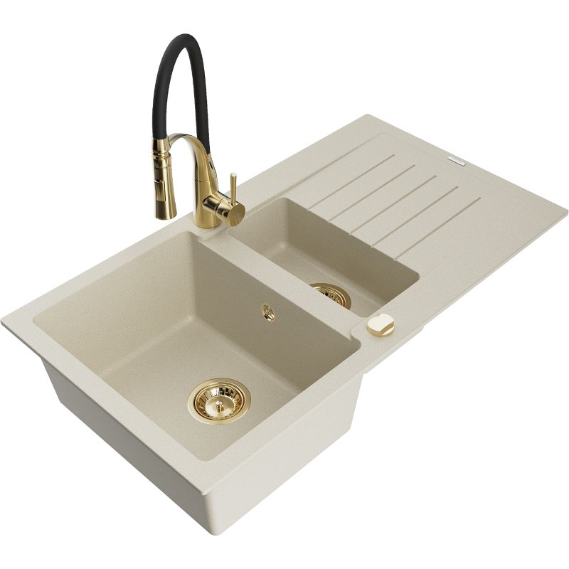 Granitsænke 1,5-kammer Mexen Matias med afløbsplade og Aster køkkenarmatur i beige, 1 sæt
