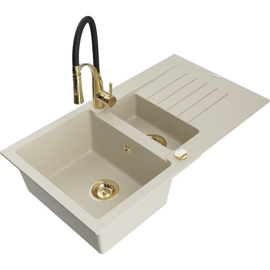 Granitsænke 1,5-kammer Mexen Matias med afløbsplade og Aster køkkenarmatur i beige, 1 sæt