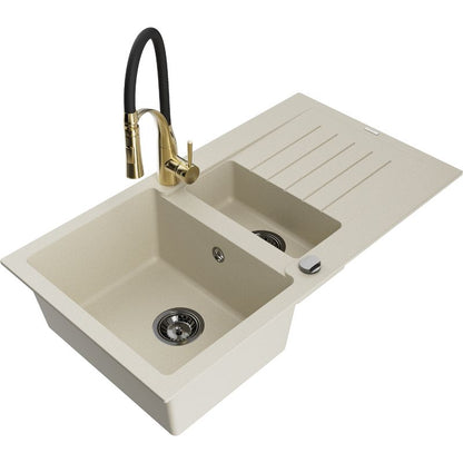 Mexen Matias granitvask 1,5-kammers med afløbsplade og Aster køkkenarmatur i beige, 1 sæt