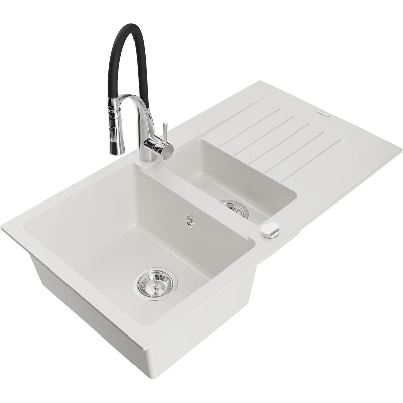 Mexen Matias granitvask 1,5-kammer med afløbsplade og Aster køkkenarmatur, hvid, 1 sæt