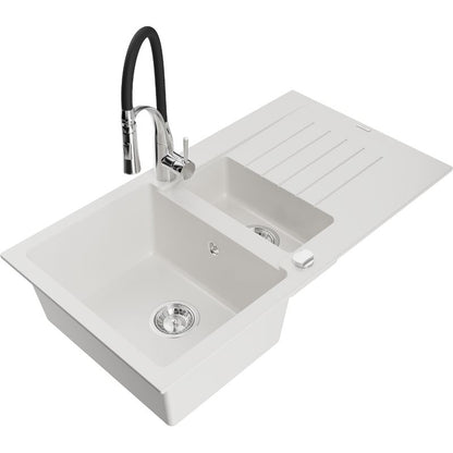 Mexen Matias granitvask 1,5-kammer med afløbsplade og Aster køkkenarmatur, hvid, 1 sæt