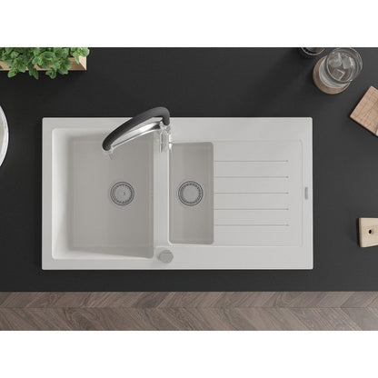 Mexen Matias granitvask 1,5-kammer med afløbsplade og Aster køkkenarmatur, hvid, 1 sæt