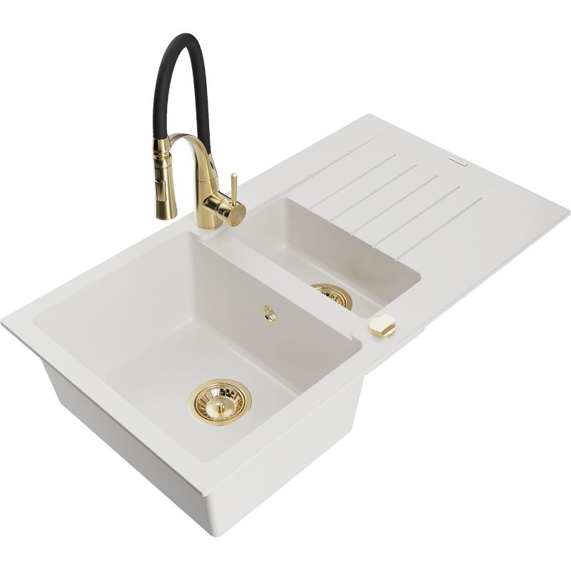 Mexen Matias granitvask 1,5-kammer med afløbsbakke og Aster køkkenarmatur i hvidt, 1 sæt