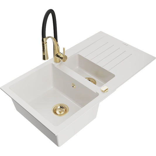 Mexen Matias granitvask 1,5-kammer med afløbsbakke og Aster køkkenarmatur i hvidt, 1 sæt