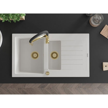 Mexen Matias granitvask 1,5-kammer med afløbsbakke og Aster køkkenarmatur i hvidt, 1 sæt