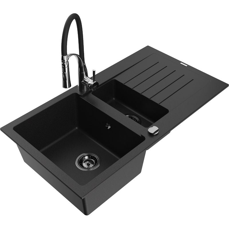 Mexen Matias granitvask 1,5-kammer med afløbsbakke og Aster køkkenarmatur i sort, 1 sæt