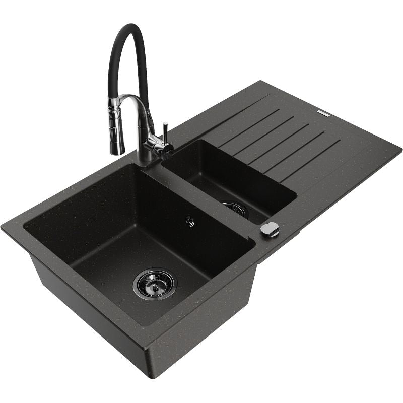 Granitsænke Mexen Matias 1,5-kamret med afløbsplade og Aster køkkenarmatur i sort/guld metalik, komplet sæt