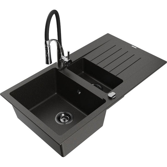 Granitsænke Mexen Matias 1,5-kamret med afløbsplade og Aster køkkenarmatur i sort/guld metalik, komplet sæt