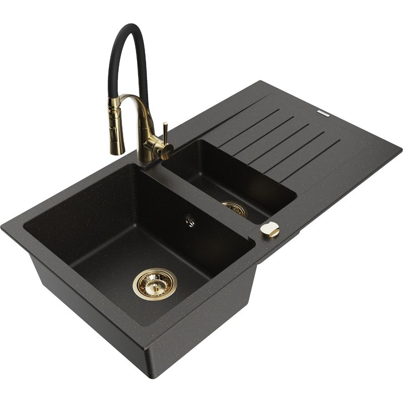 Granitsænke Mexen Matias 1,5-kammer med afløbsplade og køkkenarmatur Aster i mat-sort/guld metalik, 1 sæt
