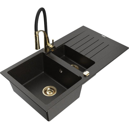 Granitsænke Mexen Matias 1,5-kammer med afløbsplade og køkkenarmatur Aster i mat-sort/guld metalik, 1 sæt