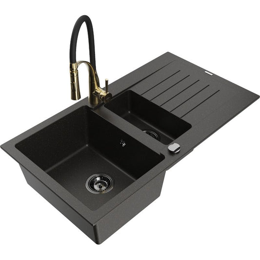 Granitsænke 1,5-kammer Mexen Matias med afløbsbakke og Aster køkkenarmatur i sort/guld metalik, 1 sæt