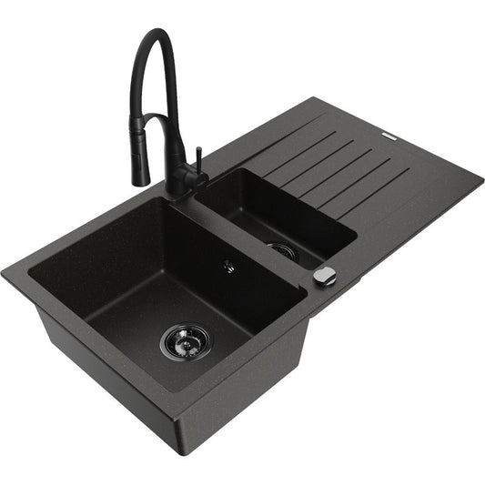 Granitsæbe 1,5-komor med afløbsplade og Aster køkkenarmatur i sort/guld metalik – komplet sæt fra Mexen Matias