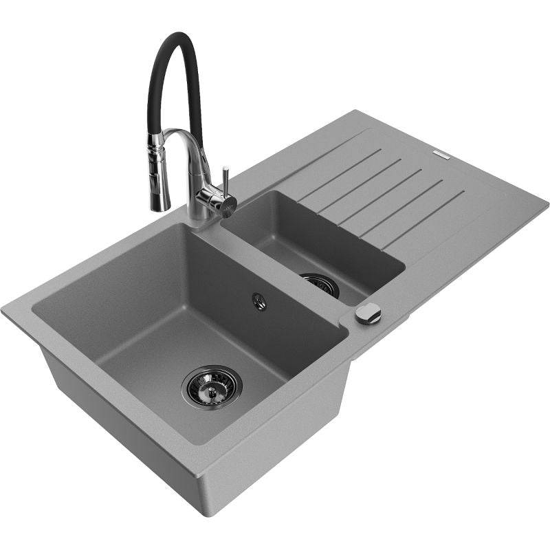 Mexen Matias granitvask 1,5-kammers med afløbsbakke og Aster køkkenarmatur, grå, 1 sæt