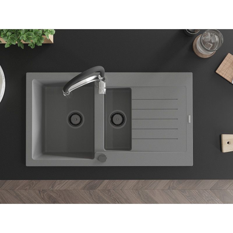 Mexen Matias granitvask 1,5-kammers med afløbsbakke og Aster køkkenarmatur, grå, 1 sæt
