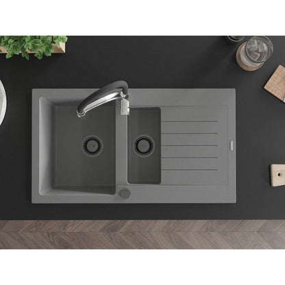 Mexen Matias granitvask 1,5-kammers med afløbsbakke og Aster køkkenarmatur, grå, 1 sæt