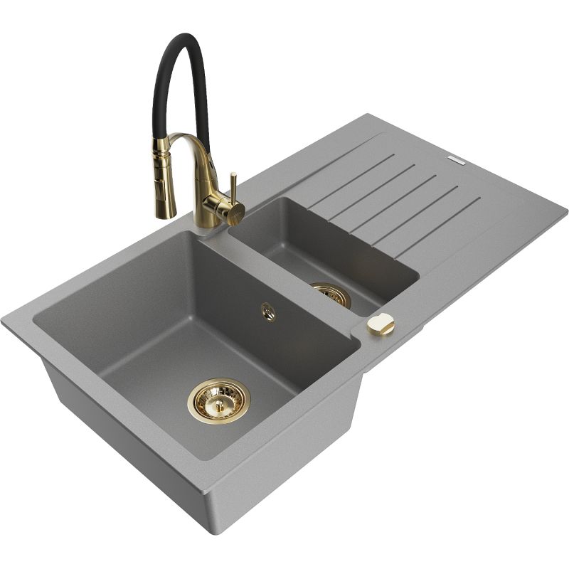 Granitsænke 1,5-kammers Mexen Matias med afløbsbakke og Aster køkkenarmatur i grå, 1 sæt