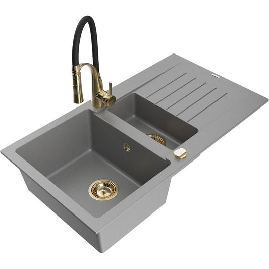 Granitsænke 1,5-kammers Mexen Matias med afløbsbakke og Aster køkkenarmatur i grå, 1 sæt