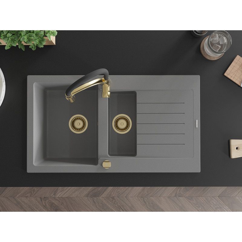 Granitsænke 1,5-kammers Mexen Matias med afløbsbakke og Aster køkkenarmatur i grå, 1 sæt