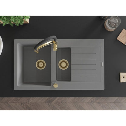 Granitsænke 1,5-kammers Mexen Matias med afløbsbakke og Aster køkkenarmatur i grå, 1 sæt