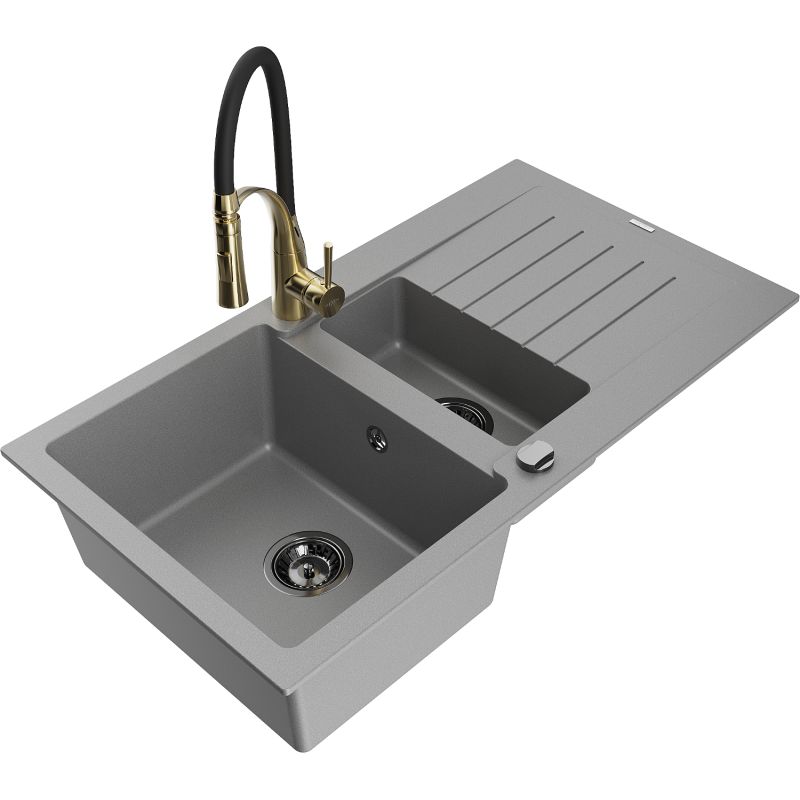 Granitsænke Mexen Matias 1,5-kammer med afløbsplade og Aster køkkenarmatur i grå, 1 sæt