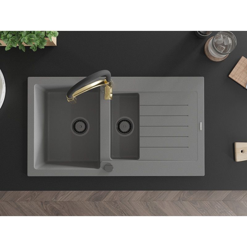Granitsænke Mexen Matias 1,5-kammer med afløbsplade og Aster køkkenarmatur i grå, 1 sæt