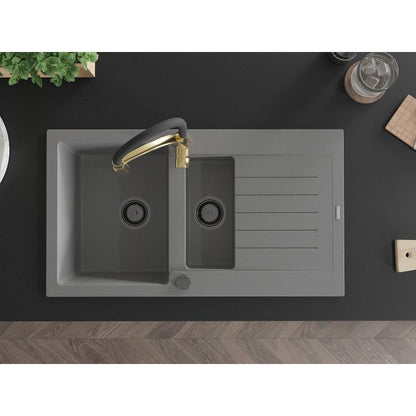 Granitsænke Mexen Matias 1,5-kammer med afløbsplade og Aster køkkenarmatur i grå, 1 sæt