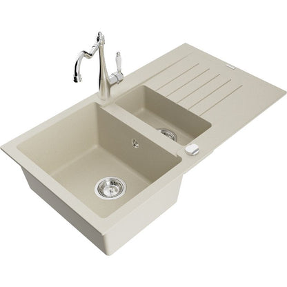 Granitsænke 1,5-kammer Mexen Matias med afløb og Carla køkkenarmatur i beige, 1 sæt