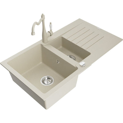 Mexen Matias granitvask 1,5-kammers med afløbsbakke og Carla køkkenarmatur i beige, 1 sæt