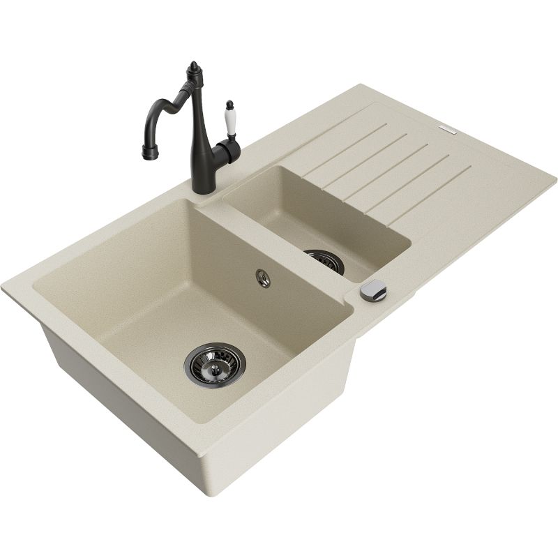 Granitsænke 1,5-kammer Mexen Matias med afløbsplade og Carla køkkenarmatur i beige, 1 sæt
