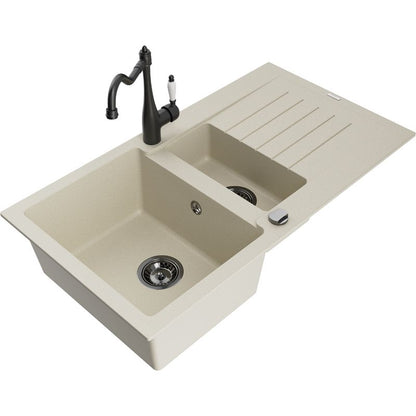 Granitsænke 1,5-kammer Mexen Matias med afløbsplade og Carla køkkenarmatur i beige, 1 sæt