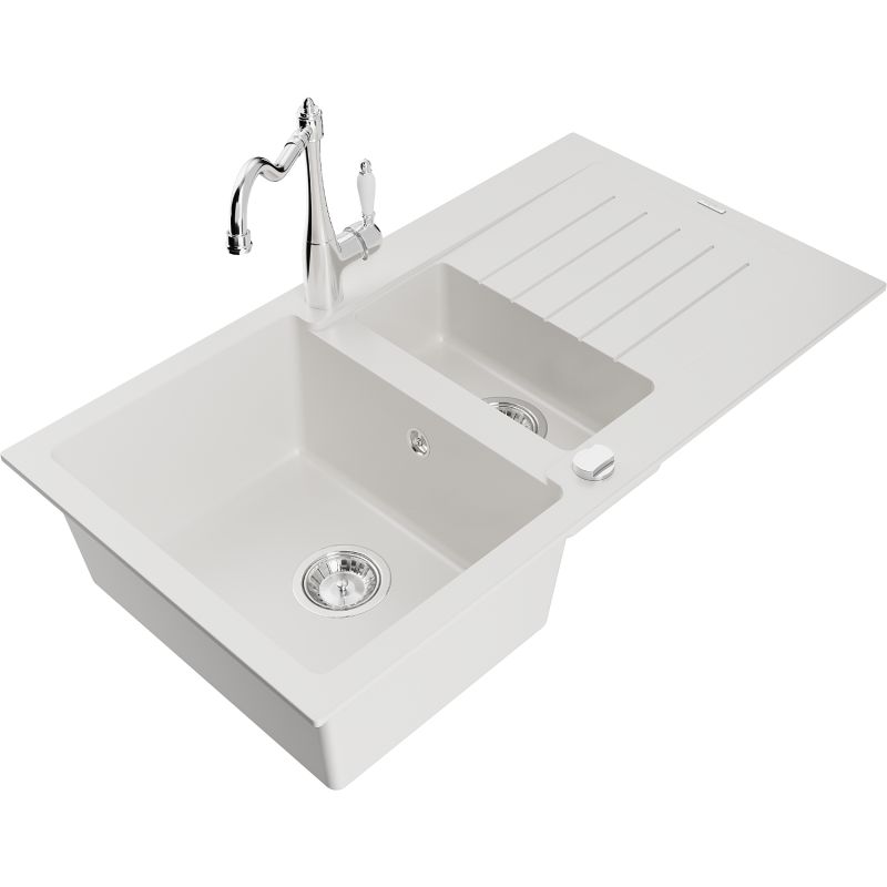 Mexen Matias hvid granitvask med 1,5 kamre, afløbsplade og Carla køkkenarmatur – komplet sæt