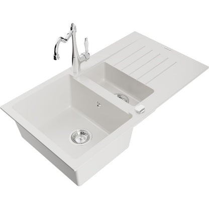 Mexen Matias hvid granitvask med 1,5 kamre, afløbsplade og Carla køkkenarmatur – komplet sæt