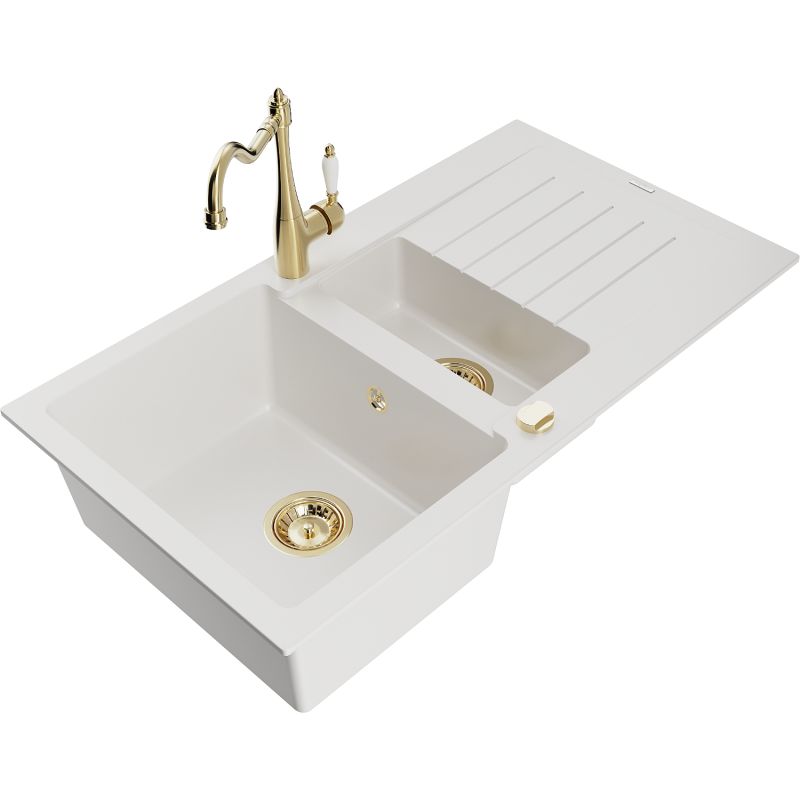 Granitsænke 1,5-kammer Mexen Matias med afløbsplade og Carla køkkenarmatur i hvid, 1 sæt