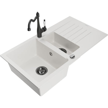 Mexen Matias granitsænke 1,5-kammer med afløbsplade og Carla køkkenarmatur, hvid, 1 sæt