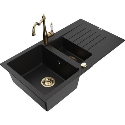 Granitsæbe 1,5-kammer Mexen Matias med afløbsplade og Carla køkkenarmatur i sort, 1 sæt