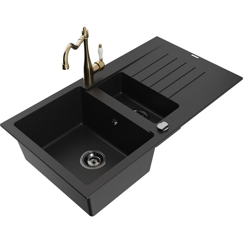 Granitsænke Mexen Matias 1,5-kammer med afløb og Carla køkkenarmatur i sort, 1 sæt