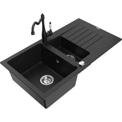 Granitsænke Mexen Matias 1,5-kammer med afløbsplade og Carla køkkenarmatur i sort, 1 sæt