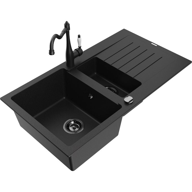 Mexen Matias granitvask 1,5-kammers med afløbsplade og Carla køkkenarmatur i sort, 1 sæt