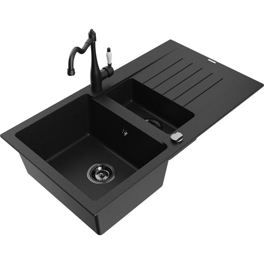 Mexen Matias granitvask 1,5-kammers med afløbsplade og Carla køkkenarmatur i sort, 1 sæt