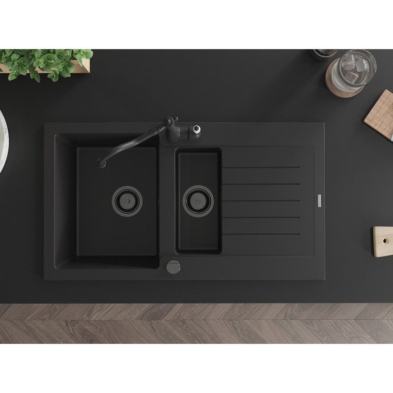 Mexen Matias granitvask 1,5-kammers med afløbsplade og Carla køkkenarmatur i sort, 1 sæt
